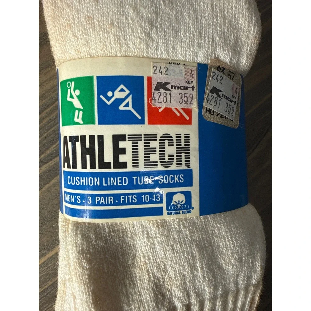 Vintage NOS Athletech Tube Socks Mens 10-13 White‎ Kmart 3 Pair Ribbed USA Made